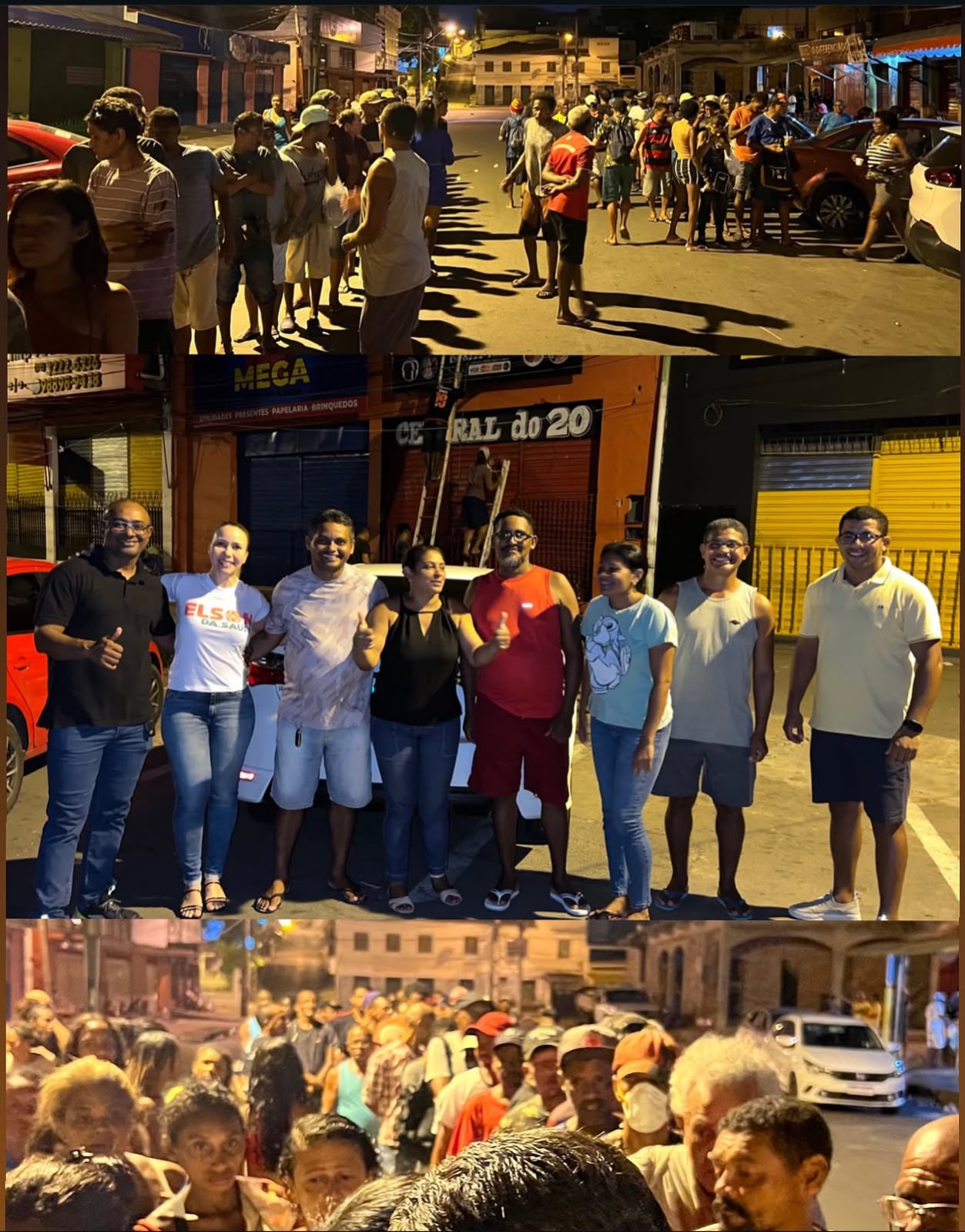 Fila de atendimento e equipe voluntária durante ação noturna
